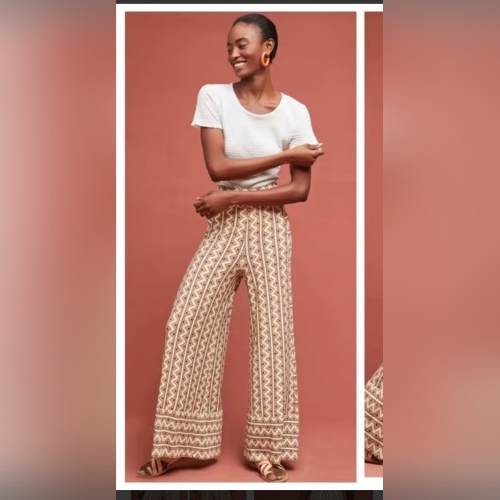 Anthropologie Farm Rio Cream and Brown Geometric Wide-Leg Pants S